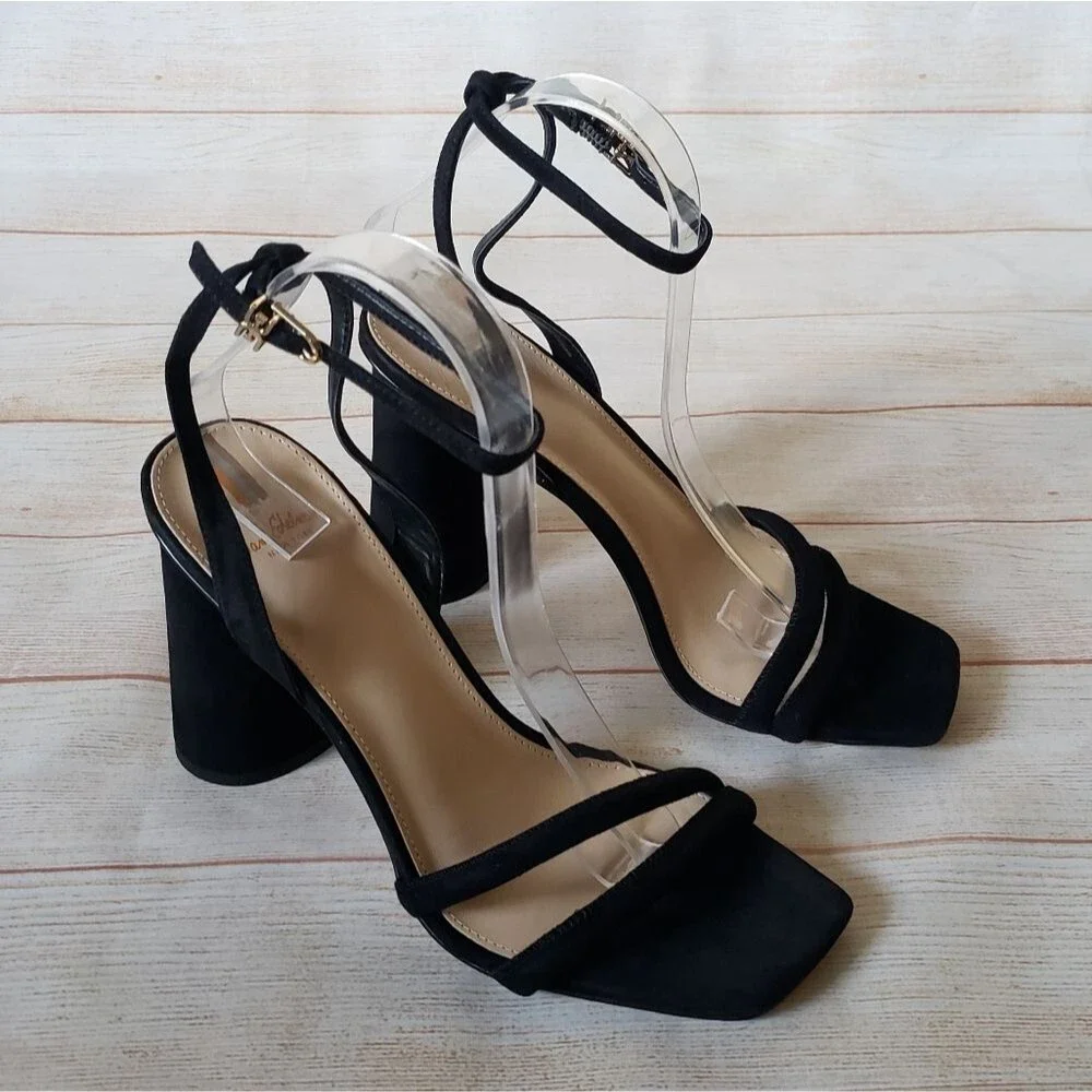 Sam Edelman Kia Suede Ankle Strap Heel Sandals Black Women's Size 10M Square Toe